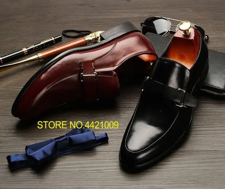 

Black Red Men's Moccasins Slip On Genuine Leather Loafers Casual Shoes Buckle dress shoes formal business work male Oxfords