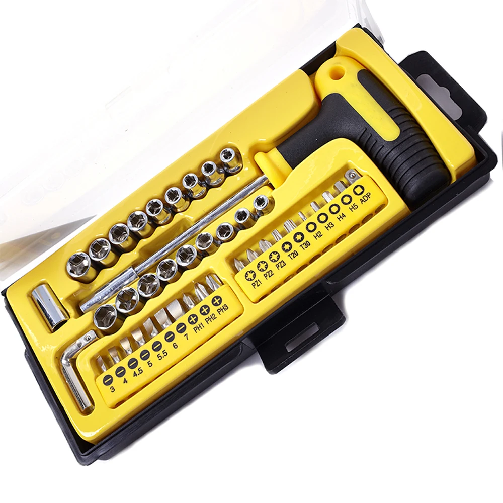 43 piece T Handle Screwdriver Nut Driver Torx Slotted Hex Socket Bits