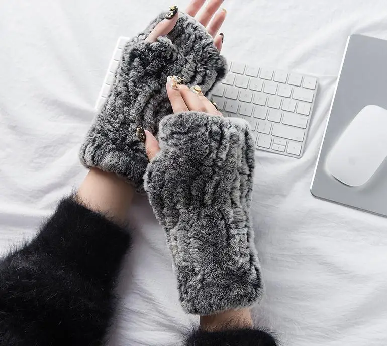 

Women's 100% Real Rex Rabbit Fur Winter Fingerless warm soft Gloves Mittens Arm Sleeve Genuine Knitted