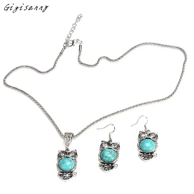 Gigisanny 2016 New Design Women Owl Green Turquoise Chunky Pendant Necklace Earrings Jewelry Set Free Shipping,Oct 24