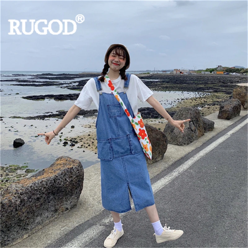 Женское платье макси RUGOD длинное джинсовое на тонких бретельках с вышитыми