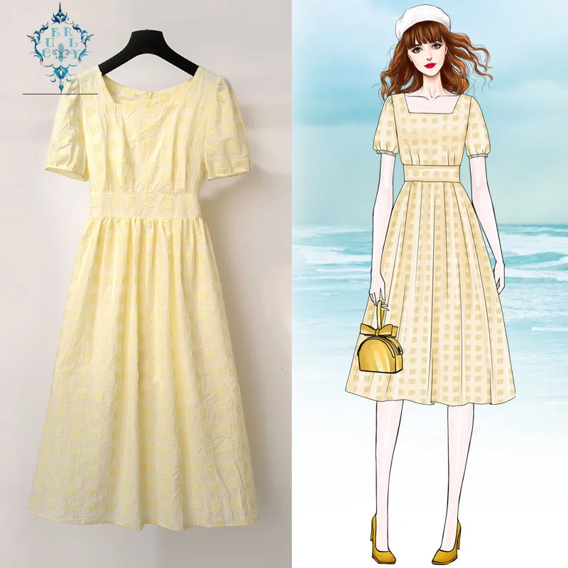 

CUERLY 2019 summer Polka Dot square collar chiffon dresses temperament waist retro wisdom smoked super fairy small skirt dress