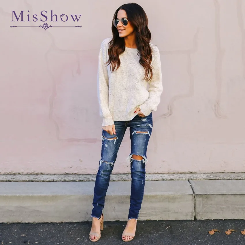 

MisShow Solid White Round Neck Autumn Sweaters Long Sleeve Open Back Sexy Women Pullovers Criss Cross Fashion Women Tops