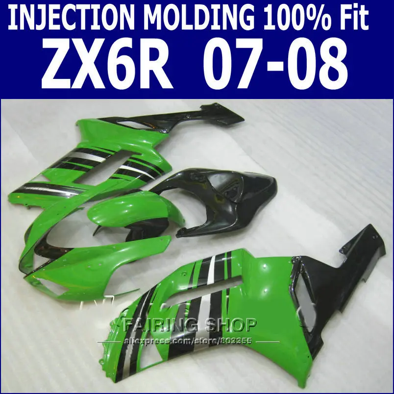 100% комплект обтекателей zx6r 2007 2008 для Kawasaki Ninja 07 08 зеленые Обтекатели (Бесплатная