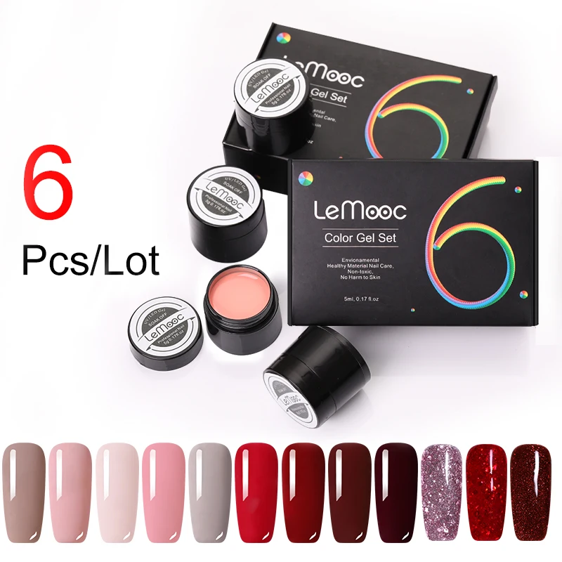 

LEMOOC 5ml 6Pcs/Lot Pure Nail Color Gel Nail Polish Glitter Sequins Rose Gold Purple Soak Off Nail Art UV Gel Varnish