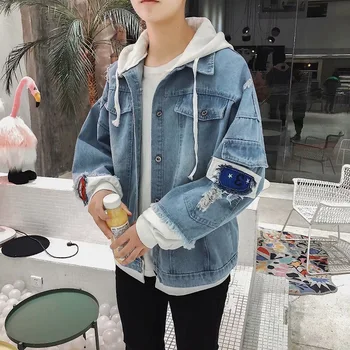 

Male Coat Jackets False Two Piece Hooded Denim Jacket 2018 Autumn Long Sleeve Oversized Outwear Streetwear Coat