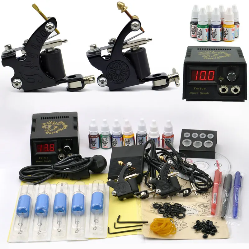 

Professional Tattoo kit 2 Tatoo Guns 7 Color Inks complete tattoo machine set rotary Power Supply For body art Tattoo