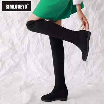 

SIMLOVEYO Shoes Women Winter Boots Slip on RoundToe Platform hidden Boots Over the knee Boots Botas Feminino mujer rivet B1014