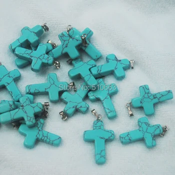 

50 Pieces/Lot,Blue Turquoisee Bead,Cross Pendant,Top Fashion Men's Jewelry Accessories,,Size:18x25mm