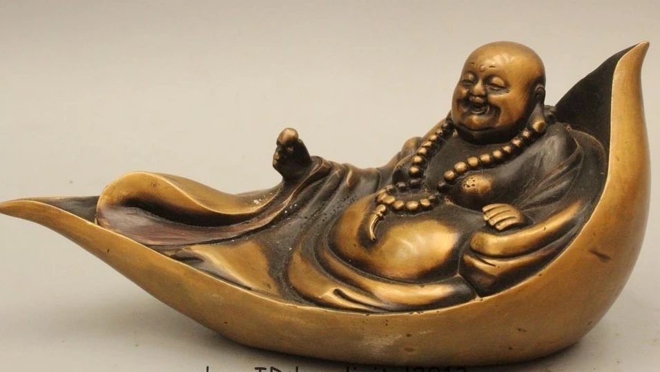 

5" Chinese Buddhism Copper Seat Happy Laugh Maitreya Buddha Statue Sculpture