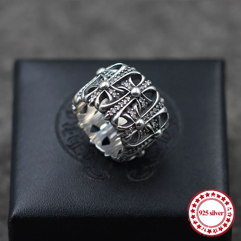 

S925 sterling silver men's ring new punk personalized retro style cross diamond fashion boutique jewelry send lover's gift