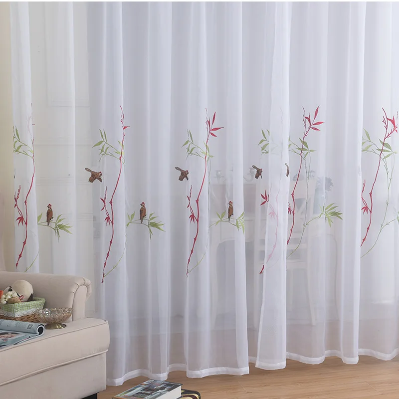 

New Hand-painted Bird Embroidered Tulle Curtains for Living Room Simple White Sheer Window Curtain for Bedroom Voile Drapes