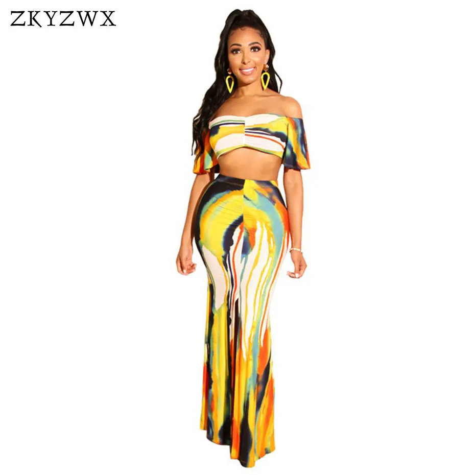 

ZKYZWX Bohemia Print Two Piece Suit Summer Beach Clothes For Womens Outfits Strapless Top+Maxi Skirt Boho 2 Pieces Matching Set