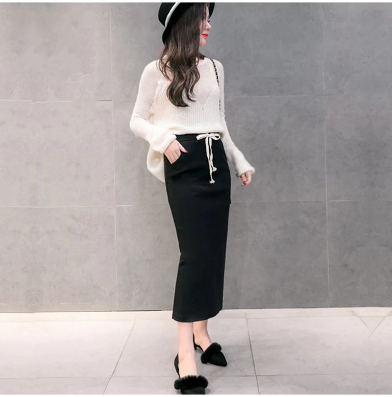 Черная трикотажная юбка-карандаш с разрезом, Длинная женская юбка, однотонные корейские шорты с завышенной талией и карманами