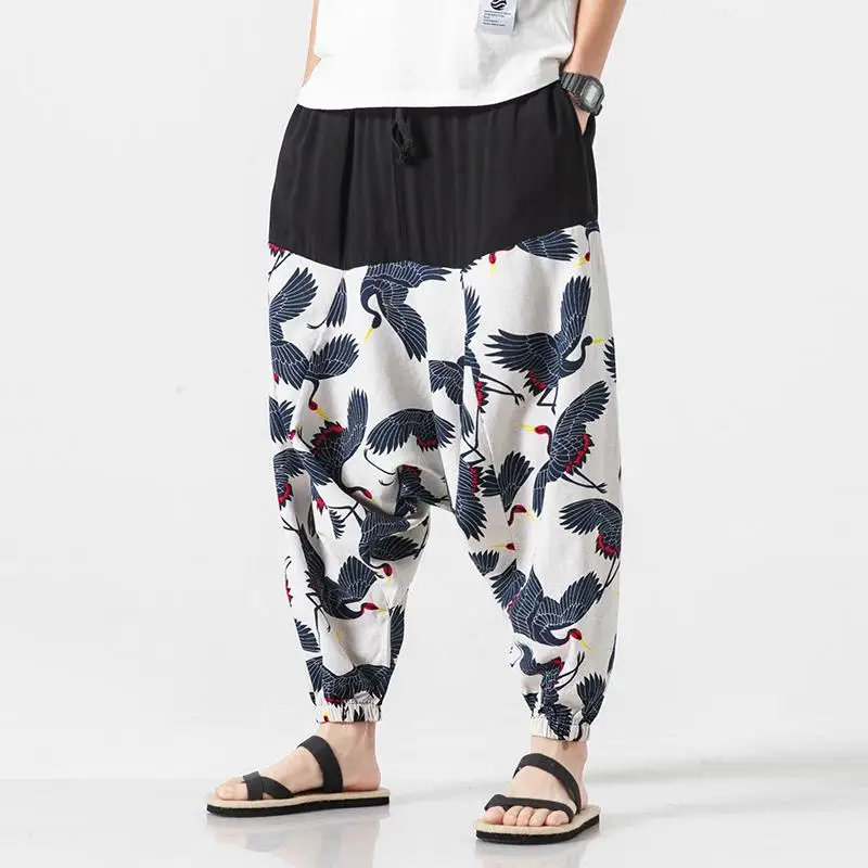 Мужские брюки в стиле хип-хоп с мешковатыми крестиками, летние модные повседневные хлопковые льняные свободные Удобные зауженные шаровары, штаны для бега - Цвет: White Crane