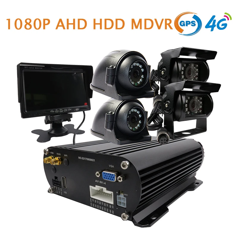 

Free Shipping 4CH GPS 4G 1080P AHD 2TB HDD SD Car DVR MDVR Kit Phone Remote View Rear Side Front View Car Camera 7" VGA Monitor
