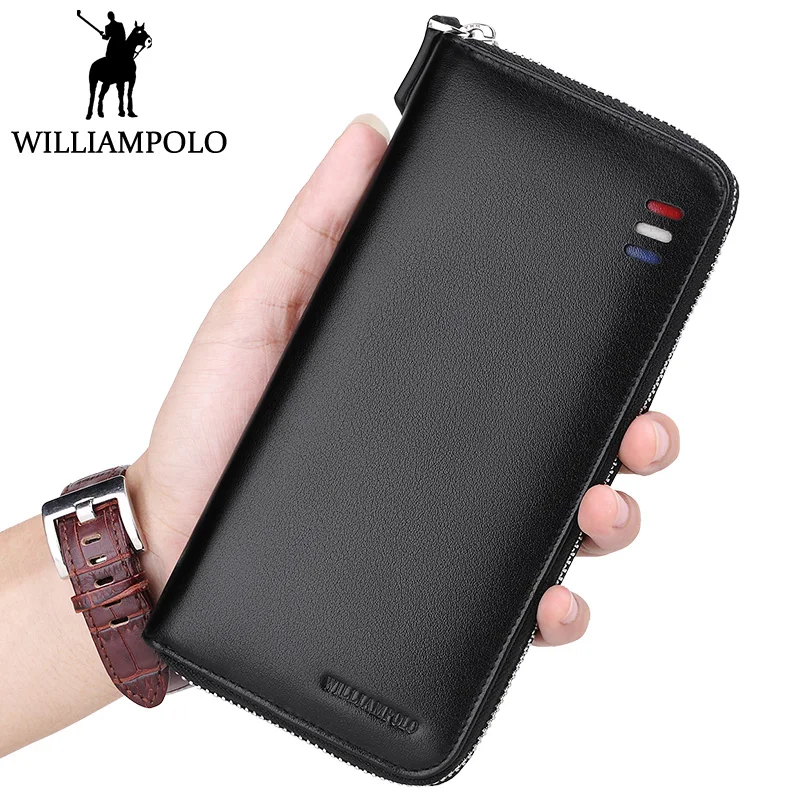 

WILLIAMPOLO Men Wallet Genuine Leather Long Zipper Clutch Wallet Blue Black Phone Bag Fashion Card Holder Purse Original Cowskin