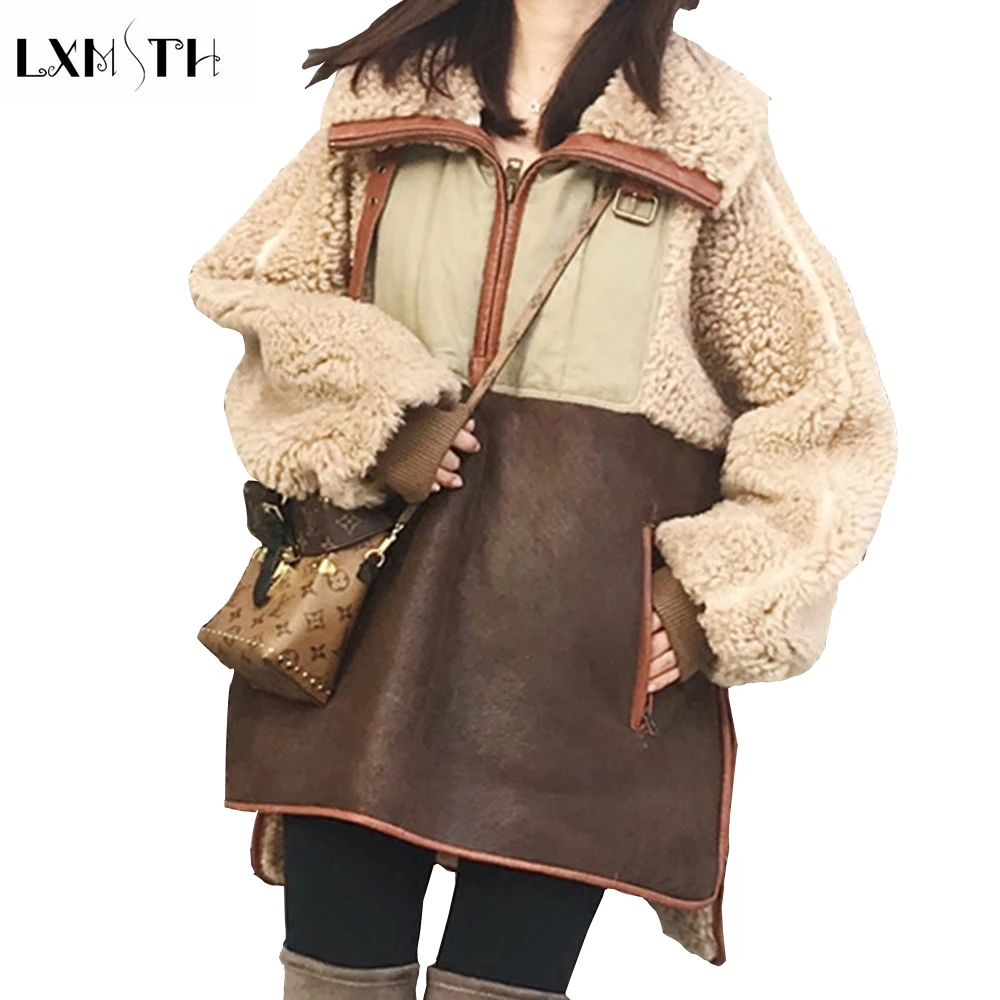 

LXMSTH 2019 Thick Winter Lambswool Jacket Fashion Suede Patchwork Faux Fur Coat Woman Long`full Elegant Loose Jacket Women Plus
