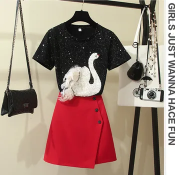 

Large Size 5XL Women 2 piece set Black Loose T-shirt and Red Mini Skirt Sets 2019 Summer New Stereo Swan Sequins Embroidery Sets