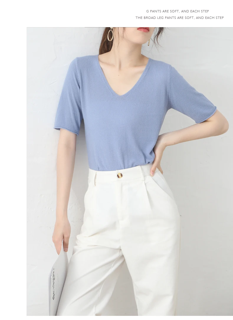 YSC шаблон Женский кашемировый свитер с v-образным вырезом, украшение для завивки тонкой пряжи, хорошая вентиляция, пуловер с коротким рукавом