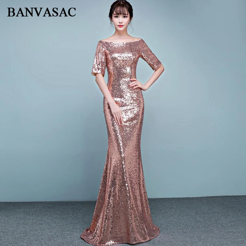 BANVASAC 2018 Элегантный Лодка шеи блестками Русалка Длинные вечерние платья вечерние половина рукав розового золота вечерние платья с открытой