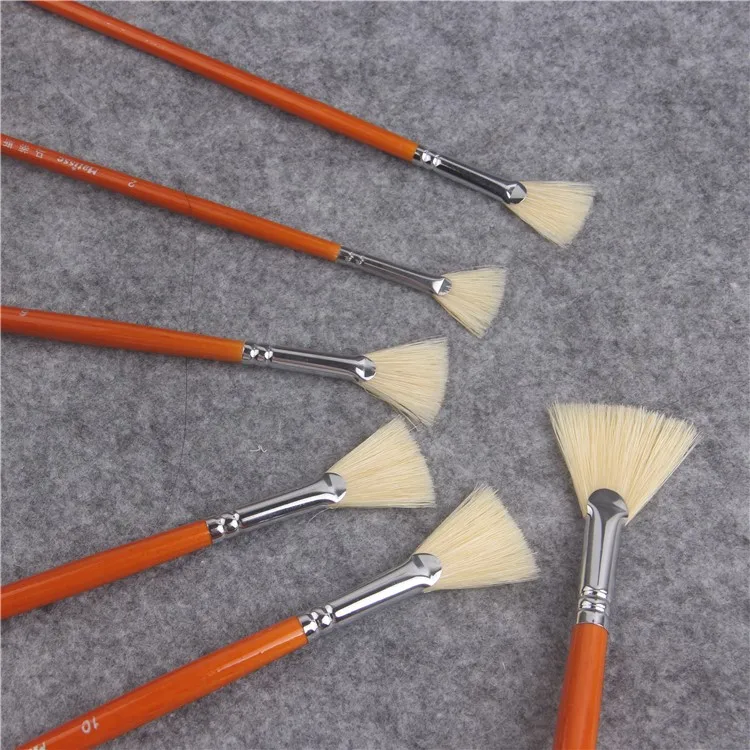 Kopen 6 stks set Oranje staaf varken varkenshaar vissenstaart fan shap olieverf gouache aquarel Acryl brush Art schilderen leveringen