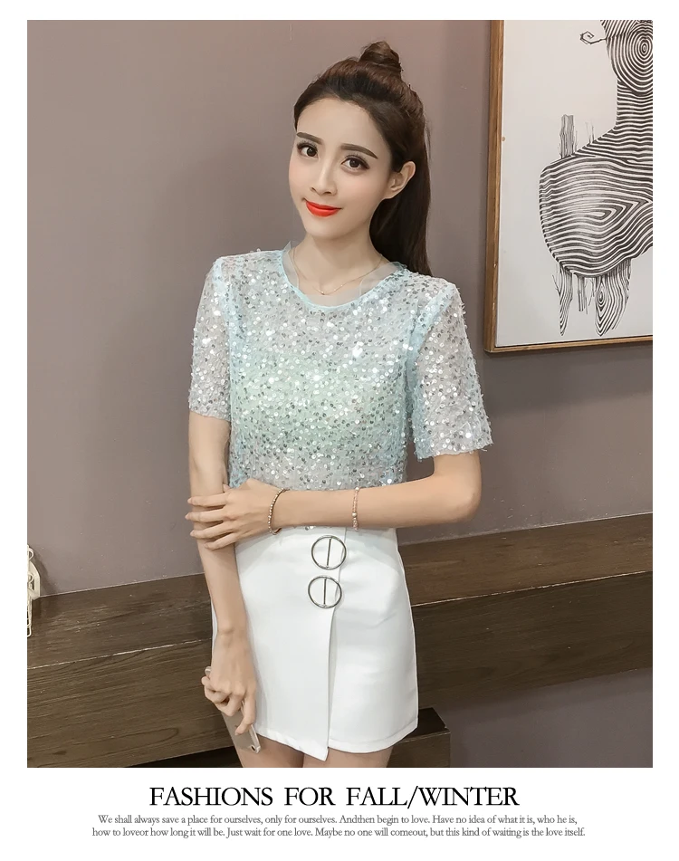 SZMXSS, летняя одежда, Корейская версия, Супермодная женская футболка с круглым вырезом и коротким рукавом, прозрачная, мешковатая, тонкая, с блестками