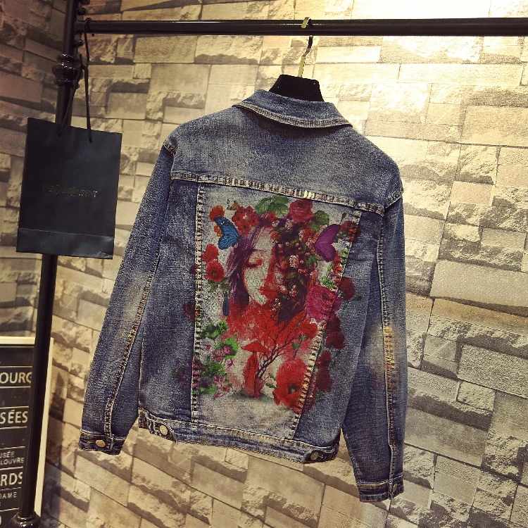 

2019 Fashion Women's Denim Jacket Spring and Autumn Clothes Retro Harajuku Jeans Jacket Students Female Printed Coats