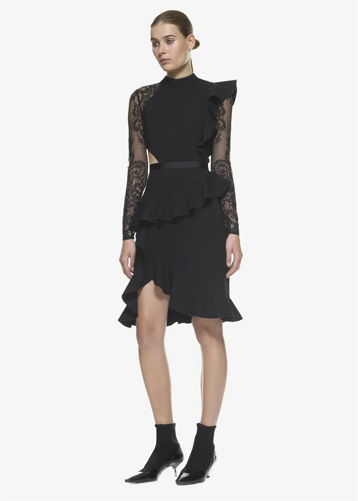 Летнее платье для подиума с оборками, асимметричное кружевное платье с заплатками, женское винтажное платье с длинным рукавом, посылка в стиле хип-хоп, черное облегающее Клубное платье
