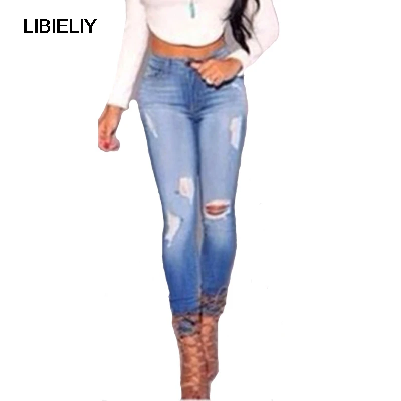 

European And American Women's Jeans Hole Casual Slim Pencil Jeans Pants Ladies Skinny Denim Ripped Hole Jeans Plus Size Trousers