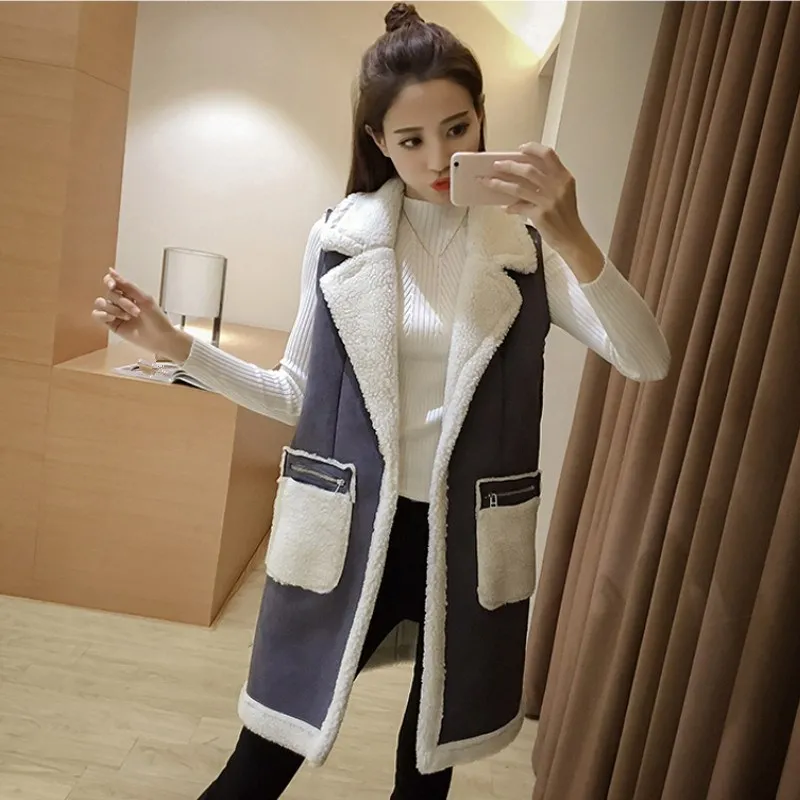 New Winter Women Sleeveless Vest Waistcoat Casual Turn-down Neck Cotton Vest Jacket Female Faux Suede Long Patchwork Vests Coats