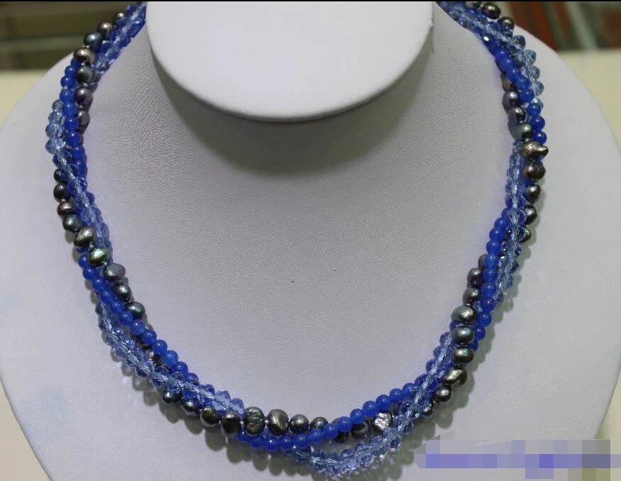 

3strand 6mm Crystal & black Freshwater pearl necklace 5-6mm 17.5"Alloy"handmade