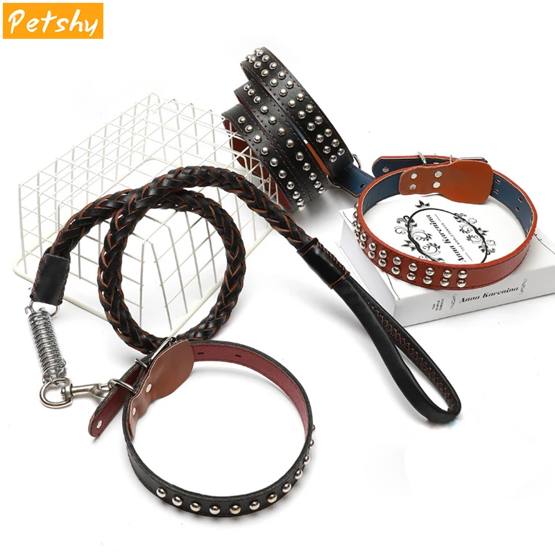 

Petshy Genuine Leather Pet Dog Leash Studded Collar Set Padded Handmade Braided Leather Medium Large Dogs Collars Lead Rope
