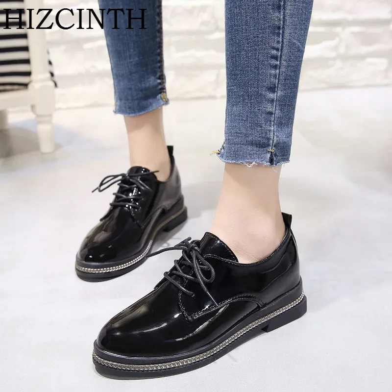 

HIZCINTH 2018 Spring Women's Shoes England Wind Black Patent Leather Shoes Woman Female Students Flats Single Shoes Loafers