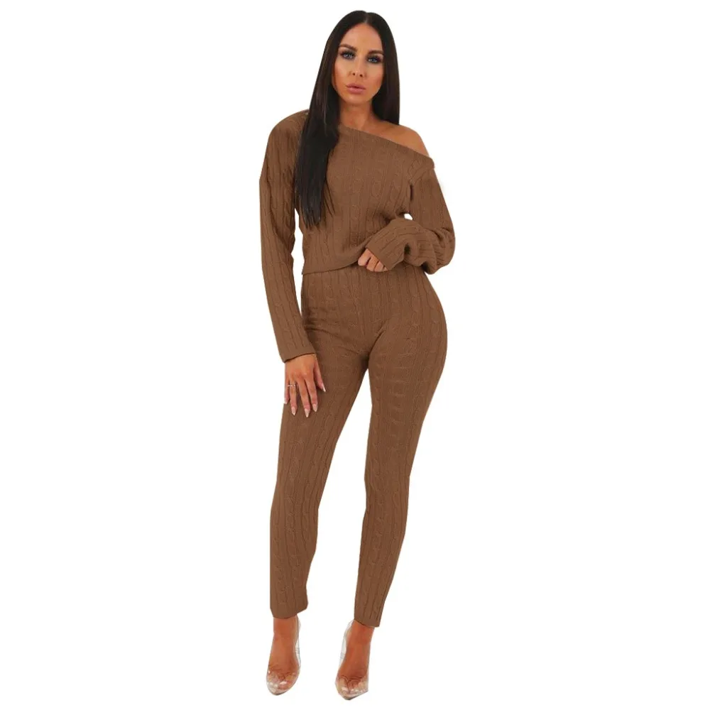 

Elegant Sweater Knitted Rib Women Set Casual Long Sleeve O Neck Crop Top With Pencil Pants Two Piece Set Bodycon Suit Female
