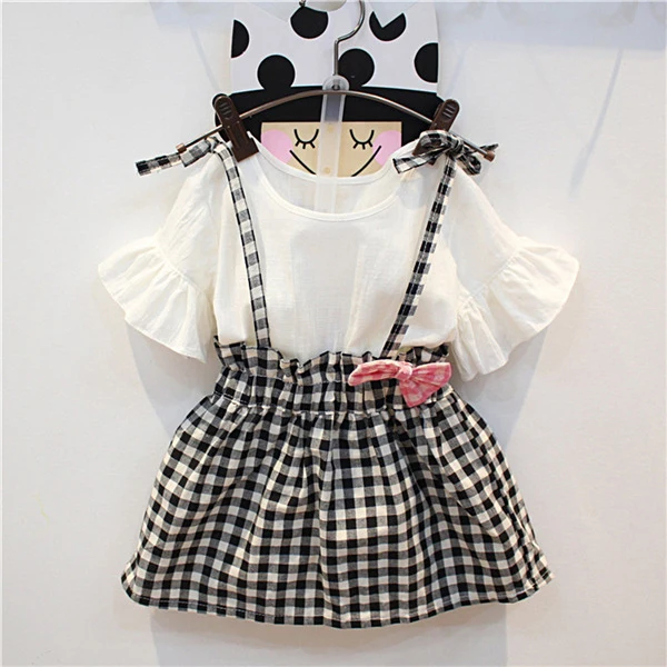 

2019 New Summer Baby Girl Flare Sleeve T-shirt Blouse Mini Plaid Print Strap Skirts Casual Outfits Set