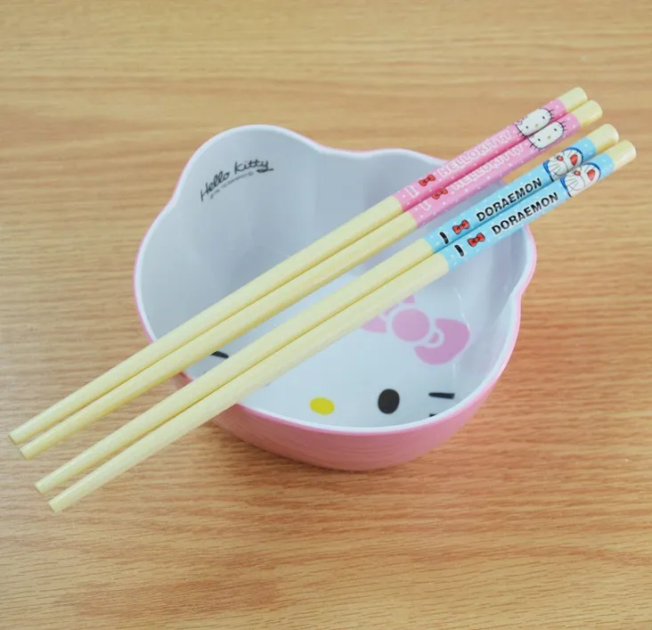 2 пары/Партия. Милые палочки для еды с кошкой Китти из натурального бамбука, палочки для еды, деревянные цветные палочки для еды с мультяшным рисунком, детская посуда
