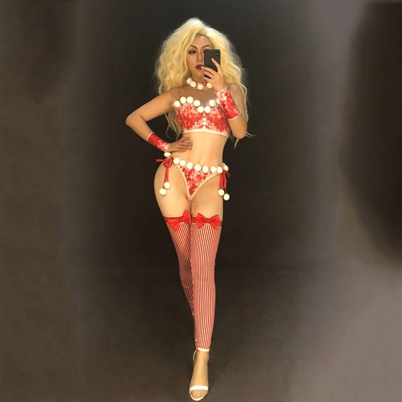 Women-New-Christmas-Style-Sexy-Red-Jumpsuit-Costumes-Small-White-Ball-Bodysuit-Nightclub-Party-Stage-Wear