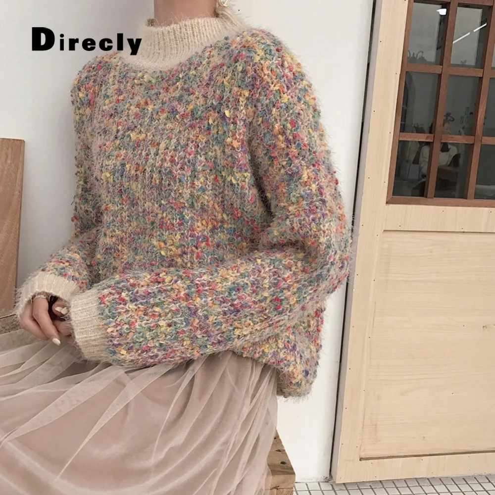 Direcly جديد 2018 الخريف والشتاء أزياء المرأة سترة فضفاضة الأزياء سترة مع عالية طوق ، اللون عارضة متماسكة السترة