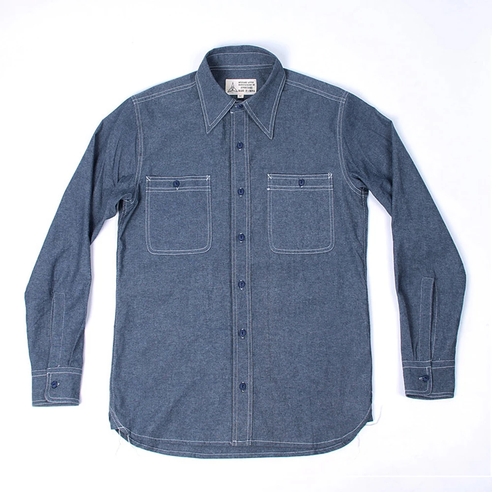 WW2 Reproduction Vintage US Navy Denim Chambray Work Shirt Men's Fatigue Utility short sleeve button down mens