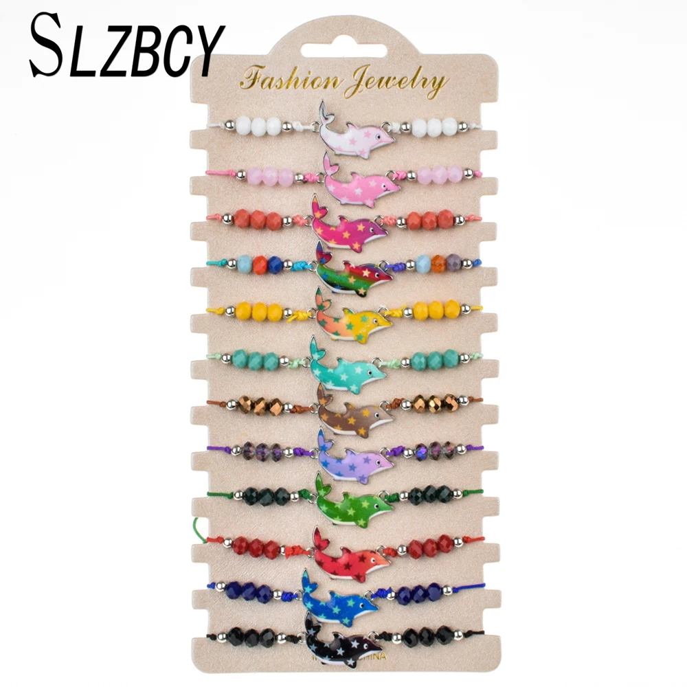 

12pcs/lot Cute Dolphin Star Charm Adjustable Bracelets Women Kids Crystal Beads Braided Rope Bracelet Friendship Jewelry Gift