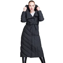Casaca plumas mujer, длинный плотный пуховик с высоким воротником,, зимний женский тонкий пуховик и пальто с поясом D460