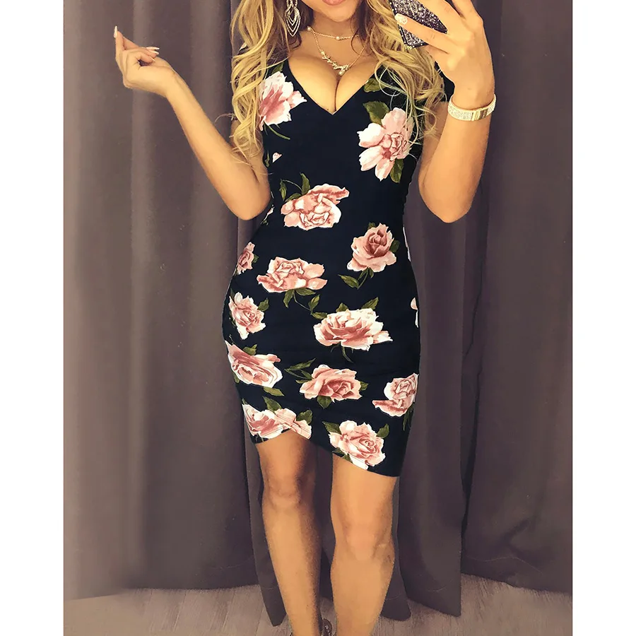 

2019 summer new women's sexy print V-neck tight dress fashion irregular stitching hip dress