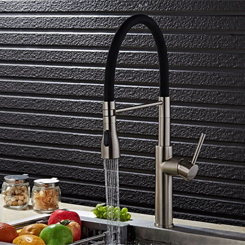 

Chrome Plated Brushed Nickel Water Tap Pull Out Kitchen Faucet Mixer 2-Function Water Outlet All Around Rotate Swivel