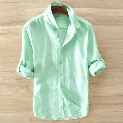 Новое поступление Льняная мужская рубашка однотонная зеленая длинная рубашка Мужская s лен повседневные мужские рубашки брендовая блузка мягкого силуэта мужская одежда#610 - Цвет: 1