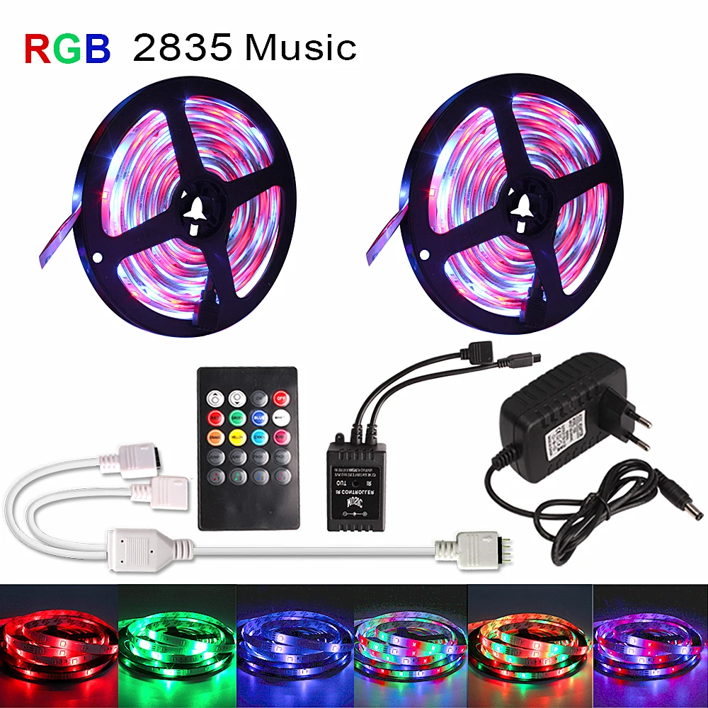 

10M 5M RGB LED Strip Waterproof 2835 Flexible Diode Tape Ribbon Light Ledstrip with RGB Music Controller DC12V Adapter Backlight