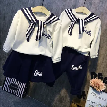 

Children Preppy Style Clothing Set Autumn New Baby Boys and Girls Long Sleeve T Shrt+skirt/pants Sets Kids Navy Wind Casual Sets