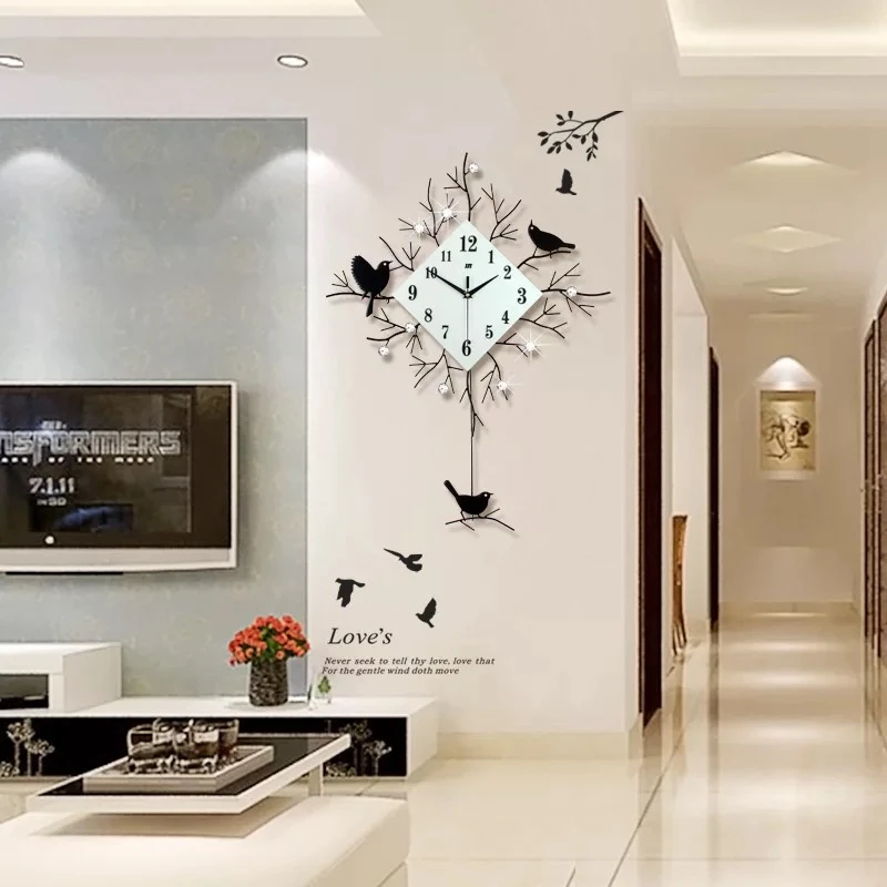 

3D Big Swing Wall Clock Modern Design Wall Watches Living Room 9pcs Diamonds Wrought Iron Silent Bird and Tree Clock