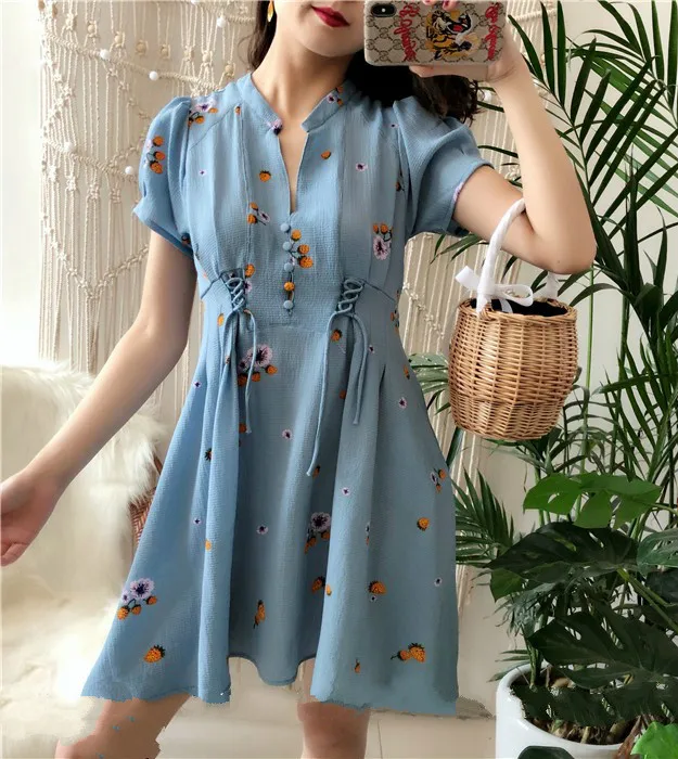

2018 Summer Short Sleeve V Neck Lace Up Chiffon Dresses Women Bohe A-line Short Chiffon Dresses Women Lace Up Dress