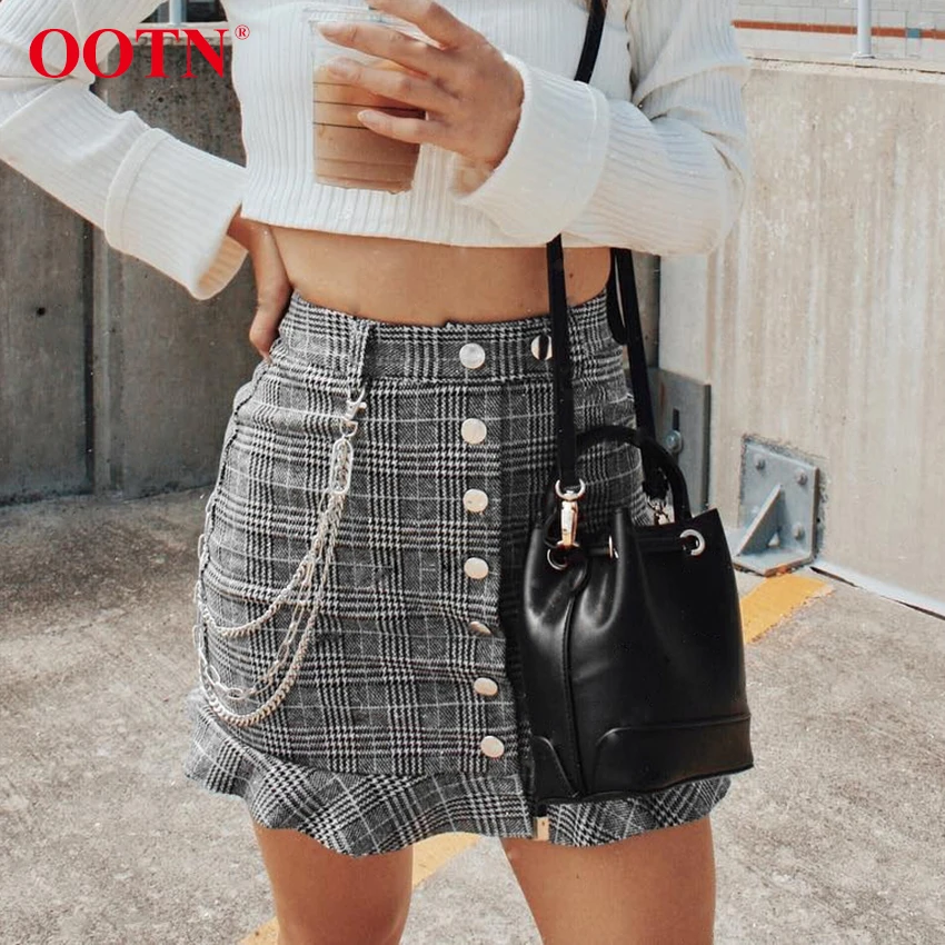 

OOTN Vintage Black White Plaid Mini Skirt Womens High Waist Ruffles Pencil Skirt Ladies 2019 Summer Button Casual Short Skirts